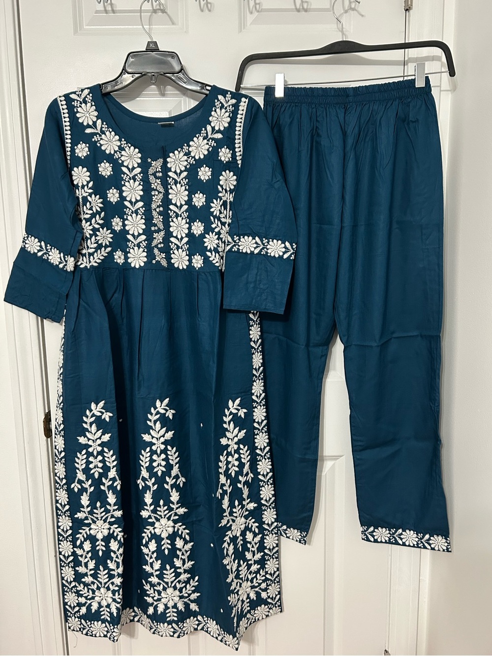 Indian Pakistani 2 piece stitched suit in blue and white